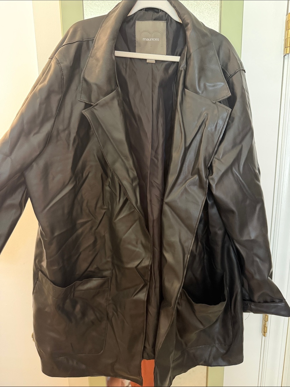 Maurices Black Faux Leather Open-Front Long Coat